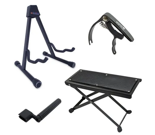 keepdrum E-Gitarre Zubehör-Set für Akustik-Gitarre - E-Gitarren Zubehör-Set: Umfassendes Equipment mit Gitarrenständer, Fußbank, Kapodaster und Saitenkurbel für verbessertes Spielen und sicheren Halt.