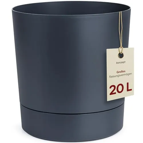 KONZEPT Blumentopf mit Untersetzer 32,5 cm - großer Übertopf aus Kunststoff für Zimmerpflanzen, modern und wetterfest, für Innen und Außen, Anthrazit