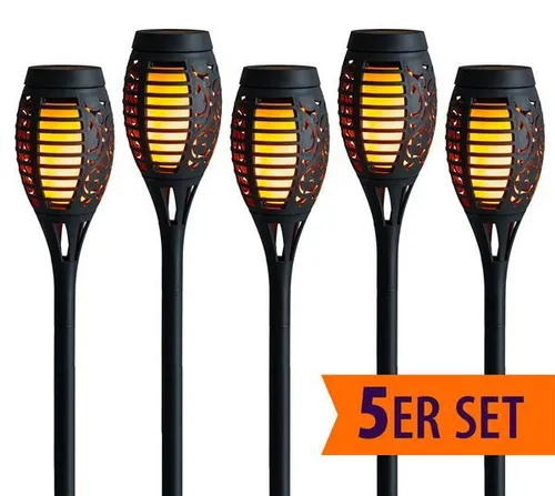 5er Set Solar Gartenfackel mit Flammeneffekt – Vielseitige Wegbeleuchtung - Dieses 5er Set Solar Gartenfackeln bietet eine energieeffiziente Lösung für stimmungsvolle Außenbeleuchtung. Mit 4-in-1 Funktion sind sie flexibel einsetzbar: als Gartenstecker, Tischleuchte oder Hängeleuchte.
