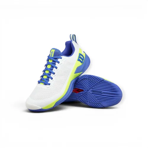 Wilson Rush Pro 4.5 Weiss/Blaut - Die Wilson Rush Pro 4.5-Schuhe bieten Padelspielern optimale Stabilität und Komfort für ein verbessertes Spielerlebnis.