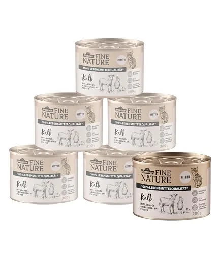 Dehner Fine Nature Katzenfutter Kitten, Nassfutter getreidefrei, für junge Katzen, Kalb, 6 x 200 g Dose (1.2 kg)