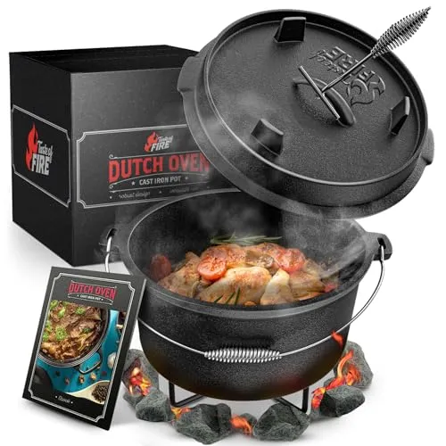 BBQ Dutch Oven Das Original - 7 Liter Gusseisen Set, vielseitig einsetzbar und bereits eingebrannt für sofortigen Gebrauch