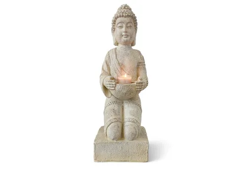 INtrenDU Buddhafigur mit Teelichthalter – creme 39cm - Buddhafiguren: Diese 39cm hohe Statue mit Teelichthalter schafft eine spirituelle Atmosphäre und ist aus robustem Polyresin gefertigt, ideal für stimmungsvolle Lichtszenen.