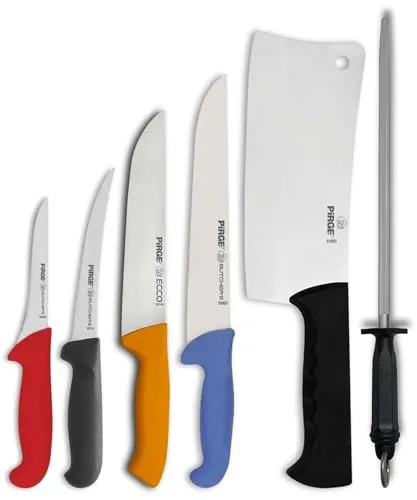 Pirge Metzgermesser Set 6 TLG Schlachtermesser - Fleischermesser - Hackmesser - Exzellenter Schärfe Ausbeinmesser - Wetzstahl - Edelstahl Profi Küchenmesser - Ergonomisches Kunststoff Griffdesign