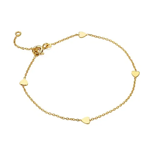 MIORE Schmuck für Damen Herz Armband mit kleinen Herzchen klassische Anker ArmKette aus Gelbgold 9 Karat 375 Gold, Länge 16-18 cm verstellbar