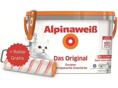 Alpina Wandfarbe Alpinaweiß Das Original 10 Liter - Alpinaweiß Das Original - die beliebteste weiße Innenfarbe für strahlende Wände. Mit neuem ressourcenschonenden Recycling-Gebinde und sofortiger Deckkraft für einfaches, spritzfreies Streichen.
