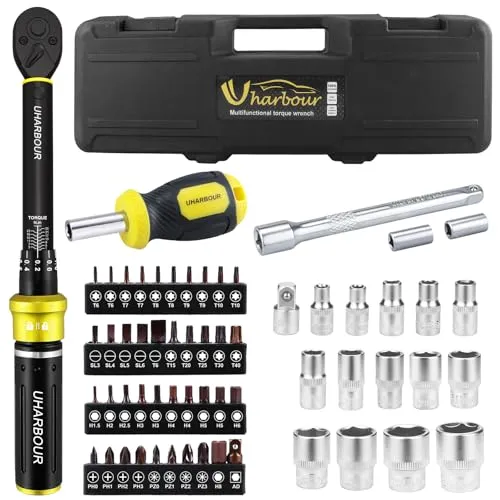 Uharbour 1-25Nm Drehmomentschlüssel Set für Fahrräder, 60 Stück 1/4 Kleiner Fahrrad Drehmomentschlüssel Set mit Bits und Verlängerungsstange, Vorkalibriert mit einzigartigem Kalibrierzertifikat