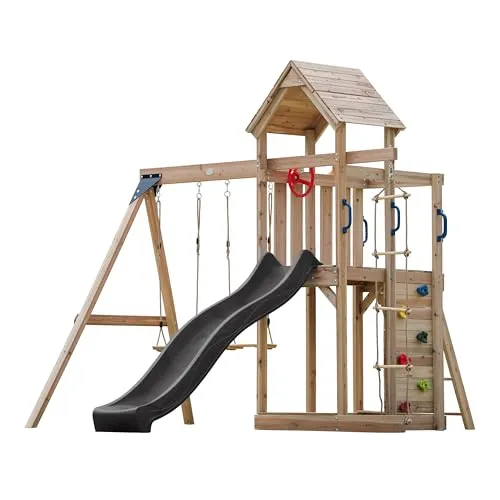 AXI Moos Spielturm aus Holz mit Doppelschaukel und Rutsche - Schaukel- und Spielplatz für Kinder mit Kletterwand, Sandkasten und 220 cm Rutsche. Hergestellt aus nachhaltigem Zedernholz, das wetterbeständig und kinderfreundlich ist.