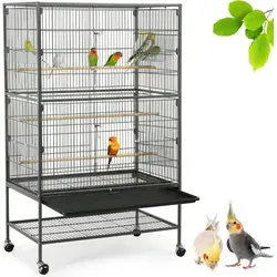 Yaheetech Vogelkäfig mit Ständer, Vogelvoliere mit 3 Holzstangen und 4 Futternäpfen, Wellensittich Käfig mit 4 Rollen, Voliere für Papageien, ... - Schwarz