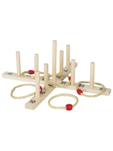 goki SA059 Ringwurfspiel aus Holz mit 5 Sisalringen, 56 cm – Geschicklichkeitsspiel für drinnen und draußen - ROBUSTES RINGWURFSPIEL: Holz-Kreuz mit 5 strapazierfähigen Sisalringen für spannende Wettkämpfe. FÖRDERT KOORDINATION: Ideal zur Verbesserung der Hand-Auge-Koordination. EINFACH AUFZUBAUEN: Leicht zu transportieren für den Einsatz im Garten oder Park.