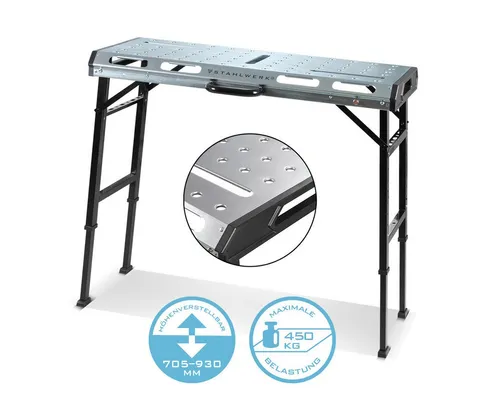 STAHLWERK Mobiler Schweißtisch AWT-930 - Höhenverstellbare Werkbank - Hochwertige Werkbank, höhenverstellbar von 70,5 cm bis 93 cm, belastbar bis 450 kg, ideal für Schweißarbeiten und vielseitige Anwendungen. Made in Germany.