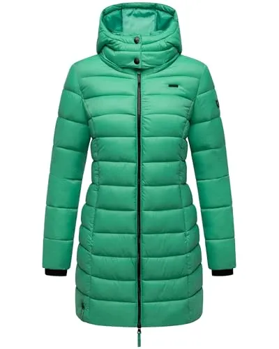 MARIKOO Damen langer Wintermantel warmer Steppmantel mit abnehmbarer Kapuze Abendsternchen Crystal Green Gr. S