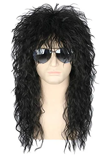Topcosplay Herren 80er Jahre Vokuhila Perücke Rocker Punk Popstar Perücke Schwarz Lange Lockig Mullet Perücken für Halloween Kostüm Fasching Karneval
