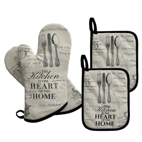 ZORR Ofenhandschuhe und Topflappen Set, Hitzebeständige Backhandschuhe Topfhandschuhe für Kochen Backen, 32CM lang, Vintage Stil