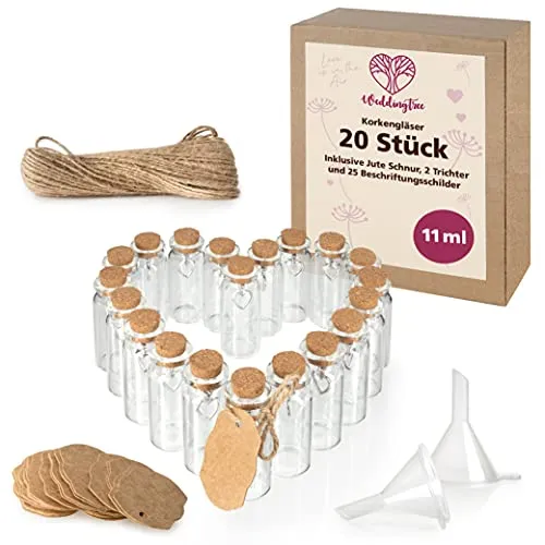 WeddingTree 20x Mini Glasflaschen mit Korken 11ml - Kleine Glasflaschen zum Befüllen - Reagenzglas mit Korken Glas für Hochzeit - Gewürzgläser klein - Mini Gläser mit Korken als Gastgeschenke Hochzeit