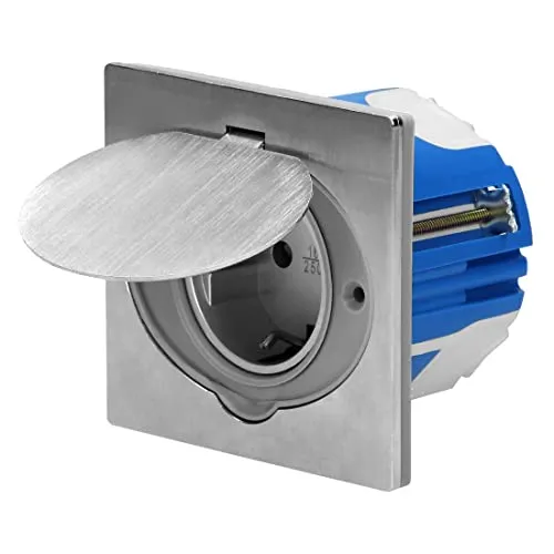 Edelstahl Einbausteckdose IP44 mit Klappdeckel - Trittfeste Bodensteckdose IP44 mit gebürsteter Edelstahl-Abdeckung. Ideal für Innen- und Außenbereiche, spritzwassergeschützt und einfach zu montieren.