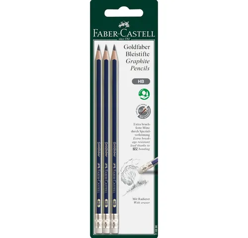 Faber-Castell Bleistift 3 Goldfaber Bleistifte mit Radiergummi - Härte HB