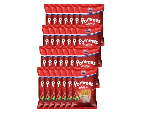 XOX Pommes Snack mit Ketchup Geschmack – 25g im 24er Pack - Knusprige Kartoffelstreifen mit tomatigem Ketchup-Geschmack, ideal für den Snack zwischendurch. Ein einzigartiger Genuss für alle Knabberliebhaber!
