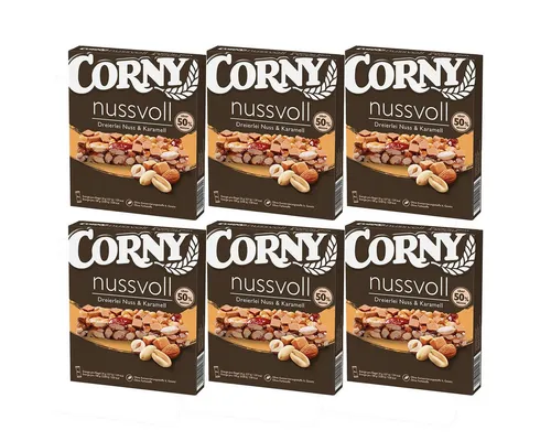 CORNY nussvoll Dreierlei Nuss & Karamell Riegel 96g - 6er Pack - Leckere CORNY Riegel mit dreierlei Nüssen und Karamell im praktischen 6er Pack. Ideal für Nussliebhaber, perfekt für den Snack zwischendurch – nussig, knackig und unwiderstehlich lecker!