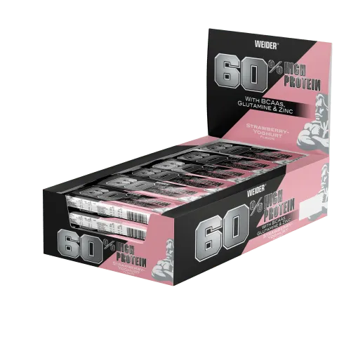 Weider 60% Protein Riegel Erdbeer-Joghurt - 24 Stück - Proteinriegel für Bodybuilding und Fitness, ideal für Vegetarier, mit leckerem Erdbeergeschmack und hohem Proteingehalt für Muskelzunahme.