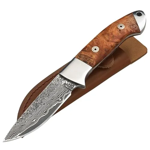 Parforce Jagdmesser Damast/Wurzelholz - Hochwertiges Jagdmesser mit ansprechender Damastklinge und edlem Wurzel-Maserholz für komfortable Handhabung, inklusive Lederscheide.