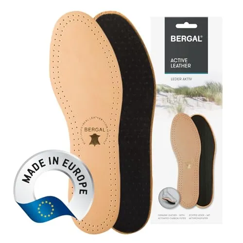 BERGAL Aktiv Premium Leder Einlegesohlen mit Aktivkohle, 1 Paar atmungsaktive Sohlen gegen Schweißfüße und Geruchsbildung, weiche Anti-Schweiß Schuheinlagen Leder für Damen und Herren, Gr. 41