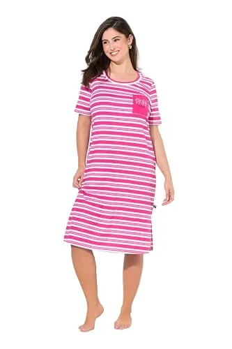 Ulla Popken Nachthemd Ringel Rundhals Halbarm rot 46/48 - Nachtwäsche aus 100% Baumwolle, modisch gemustert mit praktischer Brusttasche, ideal für entspannte Nächte.