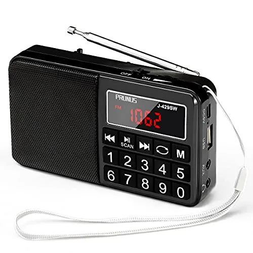 PRUNUS J-429SW Tragbares Radio - Tragbare Headset-Radios mit großen gummierten Knöpfen und digitalem Display, ideal für Senioren. Genießen Sie klaren Sound und bis zu 297 Sender in einem kompakten Format für drinnen und draußen.