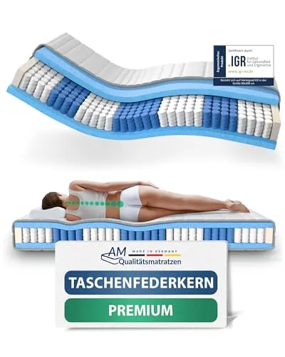 AM Qualitätsmatratzen 7-Zonen Tonnentaschenfederkernmatratze 90x200 cm H4 - Hochwertige Matratze mit 7 orthopädischen Zonen und Tonnentaschenfederkern für optimale Anpassungsfähigkeit. Made in Germany, OEKO-TEX zertifiziert, und 30 Nächte Probeschlafen garantiert.
