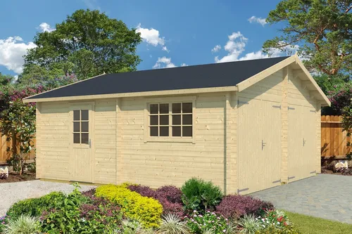 Lasita Garage Satteldach 44 mm Falkland mit Holztor 595x595 cm - Gartenhäuser & Carports, robuste Holzgarage mit abschließbarem Holztor und großzügiger Nutzfläche von 32.1 m², ideal für die sichere Unterbringung von Fahrzeugen und Geräten.