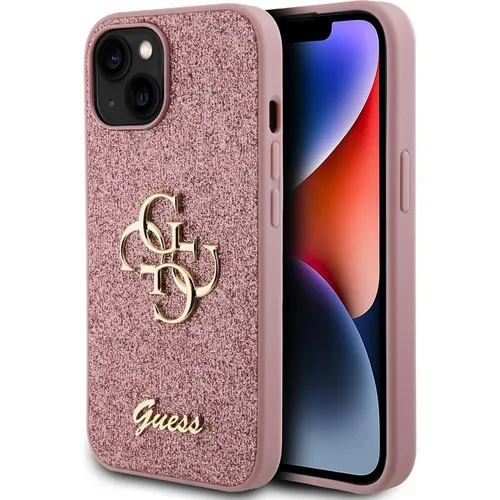 Guess Hülle für iPhone 15 Glitzer mit Metalllogo - Rosa - Handyhüllen: Stilvolle GUESS Hülle mit fixiertem Glitzerdesign und robustem Schutz für Ihr iPhone 15. Glänzen Sie mit dem ikonischen GUESS 4G-Metalllogo und schickem Glamour!