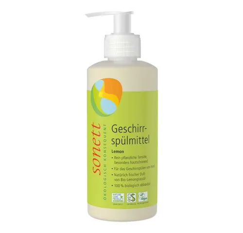 Sonett Geschirrspülmittel Lemon 300 ml - Biologisch abbaubares Geschirrspülmittel, sehr ergiebig und hautverträglich. Ideal für umweltbewusstes Spülen von Hand.