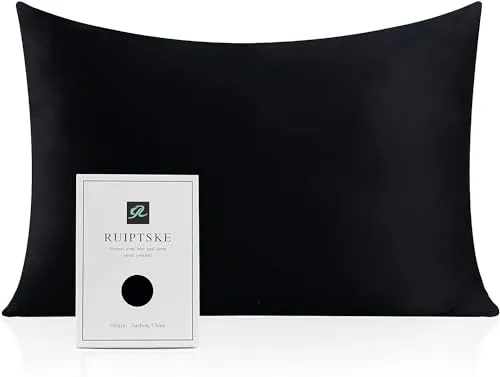 Kissenbezug aus Naturseide, hypoallergen, 22 Momme, 100% Seide, 600 Fäden, mit verdecktem Reißverschluss (Black, 40x80cm)