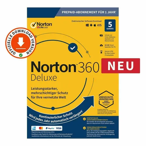 Norton 360 Deluxe Antivirus 5 Geräte 1 Jahr | Internet Security Key | 50GB Cloud