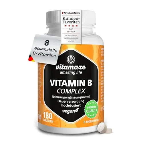 Hochdosierter Vitamin B Komplex vegan - 180 Tabletten für 6 Monate - Vitamin B-Complex Präparate mit allen 8 essentiellen B-Vitaminen, ohne Zusatzstoffe, höchste Bioverfügbarkeit, hergestellt in Deutschland für optimale Gesundheit.