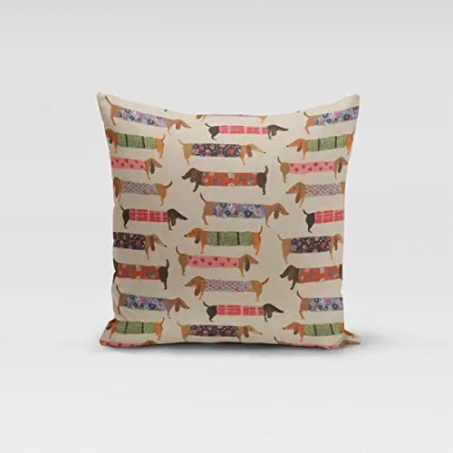 SCHÖNER LEBEN. Kissenhülle Baumwollstoff Dachshund Dackel beige bunt, Größe:40x40cm (HxB)