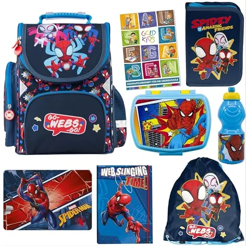 Goldkids Spiderman Schulranzen Set für Kinder - 8-teilig mit Rucksack, Federmäppchen und mehr - Schulranzen Set für Jungen und Mädchen mit ergonomischem Rucksack, der die Wirbelsäule entlastet. Enthält auch ein praktisches Federmäppchen und einen Spiderman Turnbeutel.