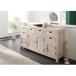 Sideboard NATURE WHITE #84 - Modernes Akazien Sideboard 180x95cm - Schränke & Wandschränke, elegantes Design aus massivem Akazienholz mit 4 Türen und 6 praktischen Schubladen für optimalen Stauraum.