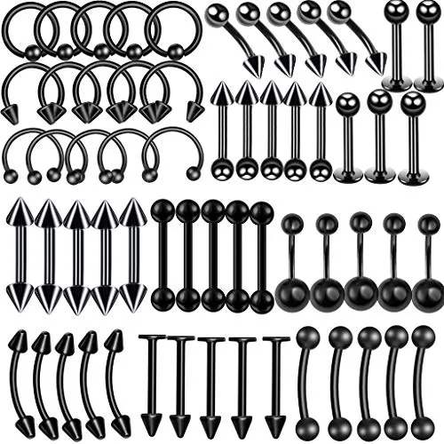 Schwarz Piercing Set damen herren 60 x Edelstahl Mix Körperschmuck Studs Barbells schwarz Bananabells für Ohr Lippe Nase Zunge Bauchnabel Augenbrauen Nippel schwarz Piercing Ring Punk 1.2*10mm (10)