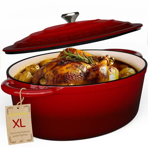SCHMORGOLD Bräter Gusseisen Oval 33cm - Ovaler Emaille Bräter mit 6L Kapazität und Deckel, ideal für Induktion und Ofen, perfekt für schmackhafte Gerichte.