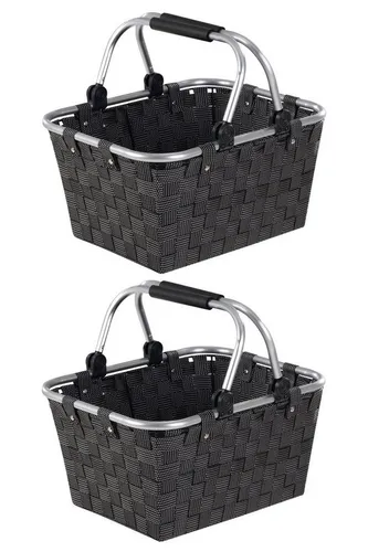 Home4You Einkaufskorb, 2er Set, Schwarz, Aluminiumgriffe, Kunststoffgeflecht