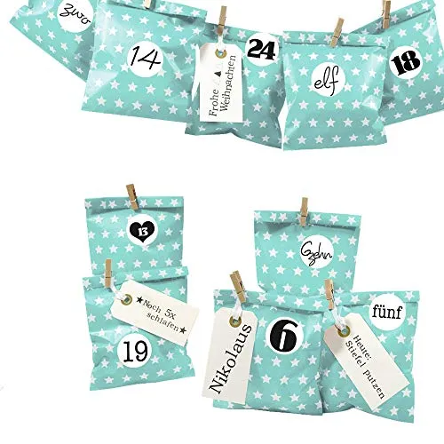 Frau WUNDERVoll® DIY Adventskalender zum Befüllen Bescherung, türkis mint Sterne Papiertüten 13x16,5cm, Ziffern schwarz weiß/Weihnachten Aufkleber Kalender Kinder Geschenkbeutel