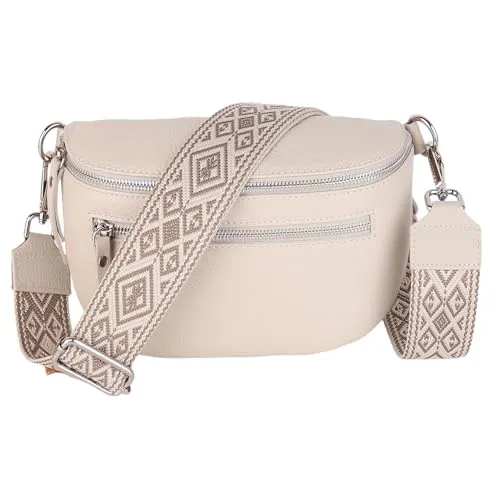 MIRROSI® Damen Bauchtasche Umhängetasche 27x14,5x8cm Damen, Made in Italy, aus Echtleder Tasche Echtes Leder, Brusttasche, Crossbody Bag,Bohemian Style (1 Tasche 2 Gurte) (Beige Karo)