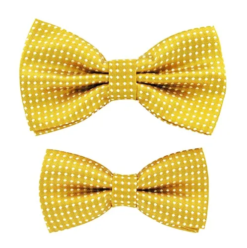 axy Vater-Sohn Fliegen Set im Partnerlook, bereits gebunden und verstellbar gepunktete Fliege Fotoshooting Familien Outfit (Gelb)
