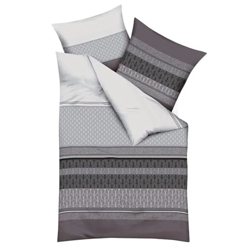Kaeppel Biber Bettwäsche Valencia zinn 135x200 cm - Bettwäsche-Set mit elegantem Streifen-Design und Ornamenten, ausgestattet mit praktischem Reißverschluss. Waschbar bis 60°C und trocknergeeignet für unkomplizierte Pflege.