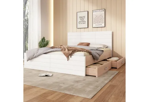 MODFU Polsterbett Funktionsbett Doppelbett mit Stauraum 140×200 cm - Praktisches Doppelbett mit zwei großen Schubladen für optimalen Stauraum. Das elegante Design aus Massivholz und MDF passt in jede Einrichtung und sorgt für Stabilität und Langlebigkeit.