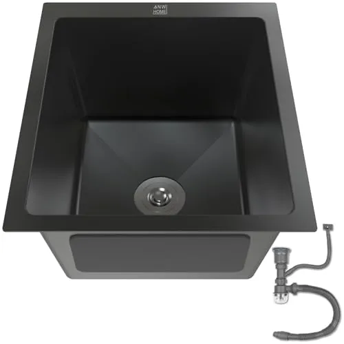 ANW HOME Unterbau-Spüle Graphite 37x45 cm mit Siphon, Siebkorb und Überlauf-Set, Edelstahl-Spüle 304 Einzelbecken Aufbauvariante