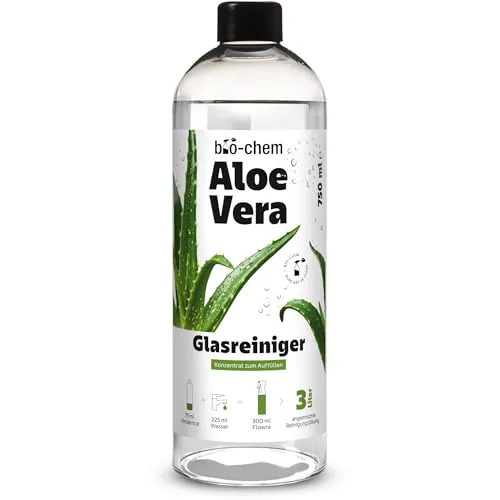 bio-chem Aloe Vera Glasreiniger Konzentrat | Küchenfronten Reiniger für streifenfreien Glanz | belebender Aloe-Vera Duft für Fenster, Glastische | 750 ml Konzentrat für bis zu 3 Liter