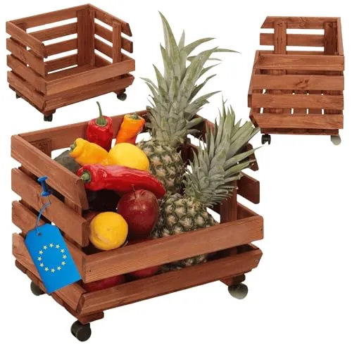MODO24 Modular Holzregal für Obst & Gemüse auf Rollen - Praktisches Regalsystem aus Kiefernholz mit Rollen für einfache Mobilität. Ideal zur Aufbewahrung von Obst und Gemüse, stapelbar und passt sich flexibel Ihren Bedürfnissen an. Maße: 30x37x30 cm.