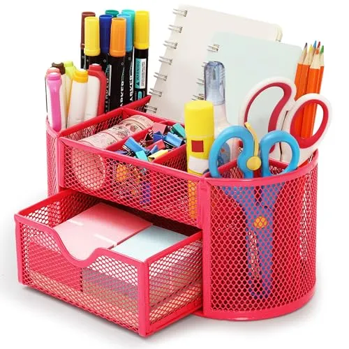 Chumix Schreibtisch Organizer, Büro Organizer mit Schublade und Stifthalter, Anti-Slip Mesh Metal Desk Organizer, Platzsparendes, para Hause, Schule, Büro (Rosenrot)